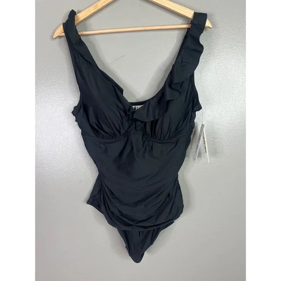 DKNY black one piece swimsuit plunge underwire tummy control Beach, island - Picture 7 of 9